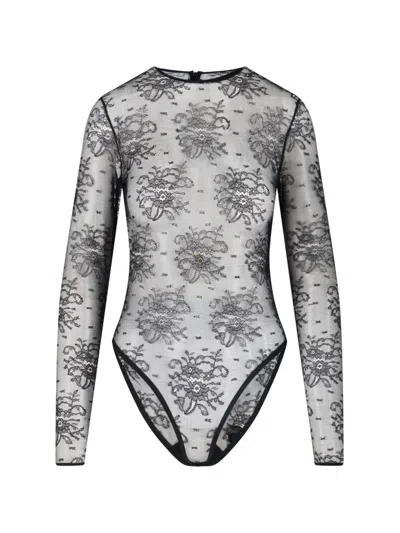 Dolce & Gabbana Women Black Bodysuit With All-over Floral Embroidery And Semi-sheer Design In Stretc In Animal Print
