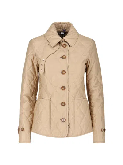 Burberry Beige Single-breasted Down Jacket With Quilted Texture In Stretch Fabric Woman In Brown