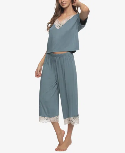 Felina Women's Regular Amelie Jersey Vintage Lace Crop Tee Crop Wide Leg Pants In Blue