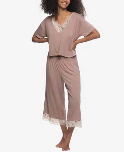 Felina Women's Regular Amelie Jersey Vintage Lace Crop Tee Crop Wide Leg Pants In Brown