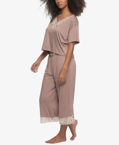 Felina Women's Regular Amelie Jersey Vintage Lace Crop Tee Crop Wide Leg Pants In Brown