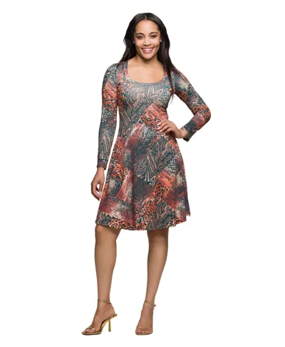 24seven Comfort Apparel Women's Long Sleeve Fit And Flare Dress In Multi