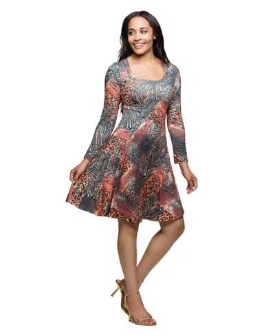 24seven Comfort Apparel Women's Long Sleeve Fit And Flare Dress In Multi