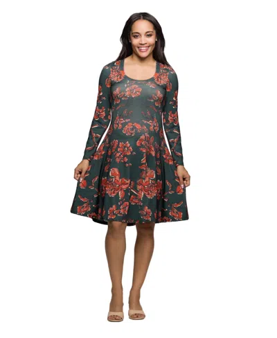 24seven Comfort Apparel Women's Long Sleeve Fit And Flare Dress In Multi
