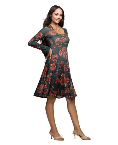24seven Comfort Apparel Women's Long Sleeve Fit And Flare Dress In Multi