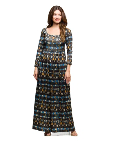 24seven Comfort Apparel Women's Brown Geometric Print Long Sleeve Dress In Multi