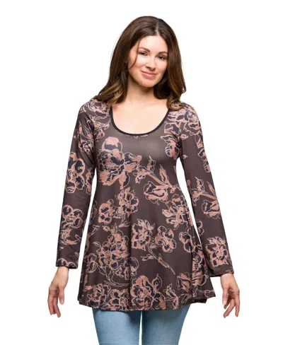24seven Comfort Apparel Women's Brown Floral Print Long Sleeve Tunic Top In Multi