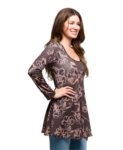 24seven Comfort Apparel Women's Brown Floral Print Long Sleeve Tunic Top In Multi