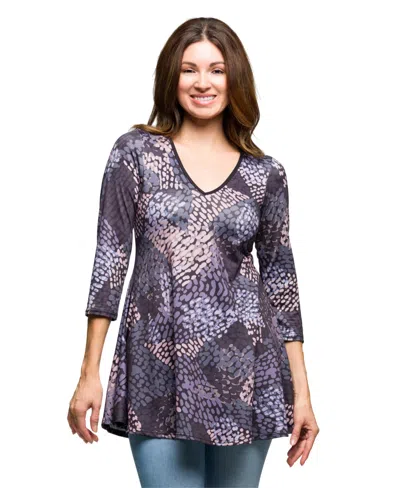 24seven Comfort Apparel Women's Gray Abstract Print V Neck Three Quarter Sleeve Tunic Top In Gray