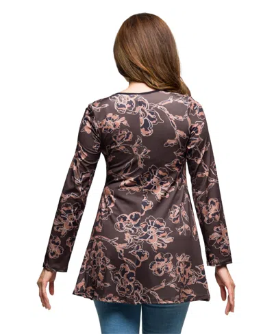 24seven Comfort Apparel Women's Brown Floral Print Long Sleeve Tunic Top In Multi