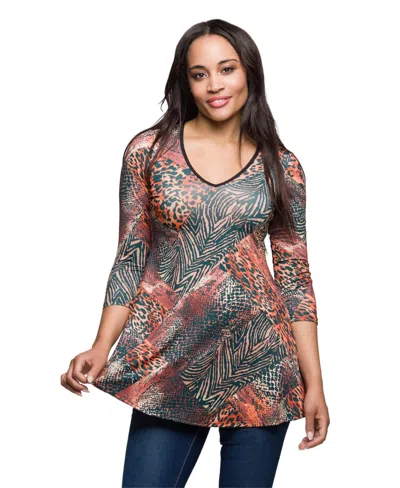 24seven Comfort Apparel Women's Animal Print V Neck Three Quarter Sleeve Tunic Top In Multi
