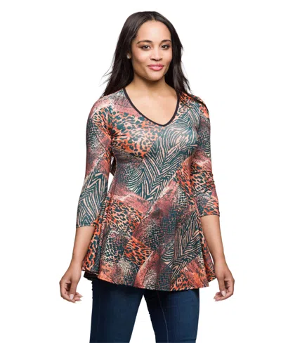 24seven Comfort Apparel Women's Animal Print V Neck Three Quarter Sleeve Tunic Top In Multi