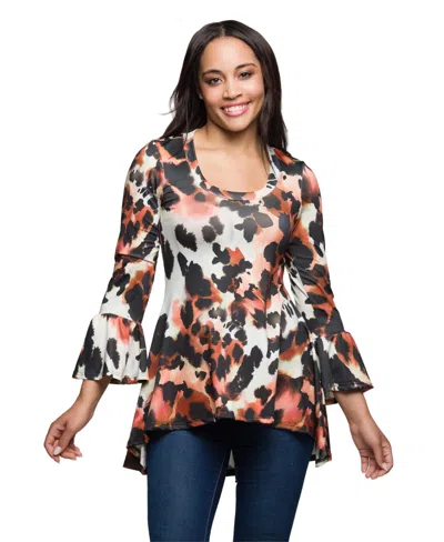 24seven Comfort Apparel Scoop Neck Bell Sleeve Tunic Top Animal Print In White