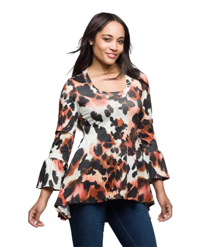 24seven Comfort Apparel Scoop Neck Bell Sleeve Tunic Top Animal Print In White