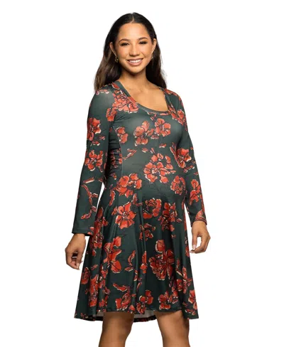24seven Comfort Apparel Women's Long Sleeve Fit And Flare Dress In Multi