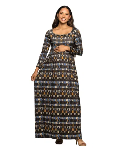 24seven Comfort Apparel Women's Maternity Long Sleeve Empire Waist Maxi Dress In Brown