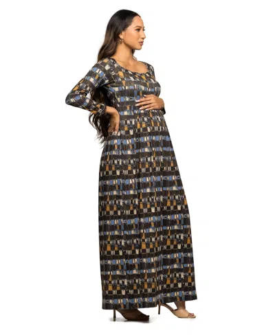 24seven Comfort Apparel Women's Maternity Long Sleeve Empire Waist Maxi Dress In Brown