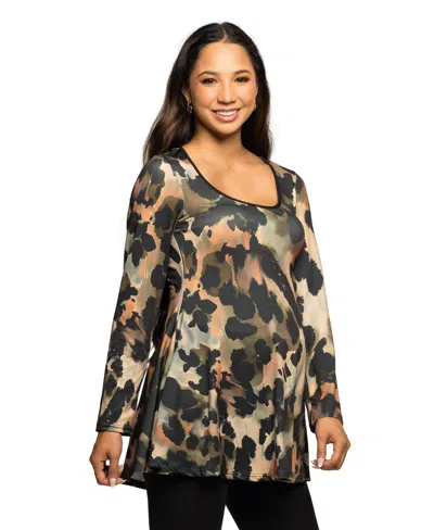 24seven Comfort Apparel Long Sleeve Scoop Neck A-line Top In Multi