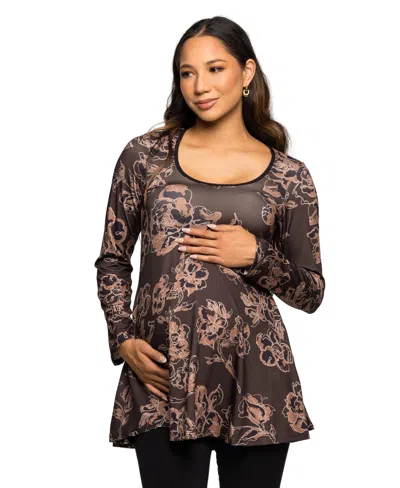24seven Comfort Apparel Women's Brown Floral Print Long Sleeve Tunic Top In Multi
