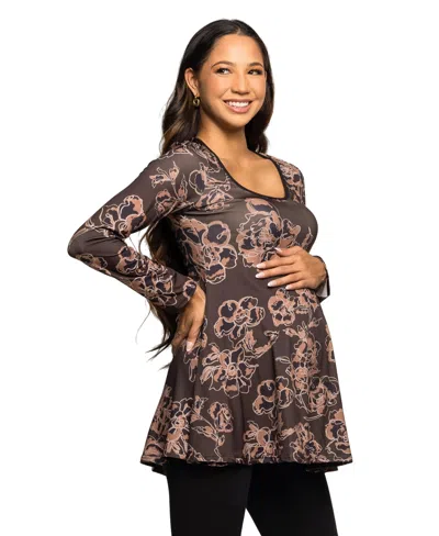 24seven Comfort Apparel Women's Brown Floral Print Long Sleeve Tunic Top In Multi