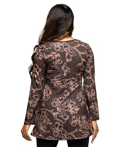 24seven Comfort Apparel Women's Brown Floral Print Long Sleeve Tunic Top In Multi