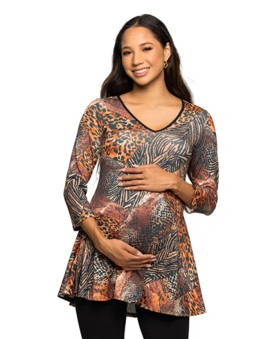 24seven Comfort Apparel Animal Print V-neck Three Quarter Sleeve Tunic Top In Animal Print