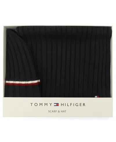 Tommy Hilfiger Men's 2-piece Wide Rib Global Stripe Cuff Beanie And Scarf Set In Black