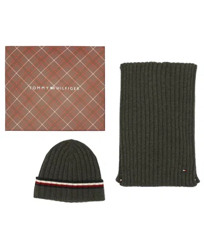 Tommy Hilfiger Men's 2-piece Wide Rib Global Stripe Cuff Beanie And Scarf Set In Green
