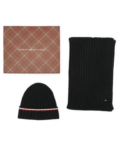 Tommy Hilfiger Men's 2-piece Wide Rib Global Stripe Cuff Beanie And Scarf Set In Black