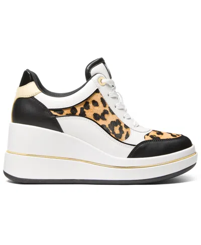 Michael Kors Emmy Leather And Leopard Print Calf Hair Wedge Trainer In Multi