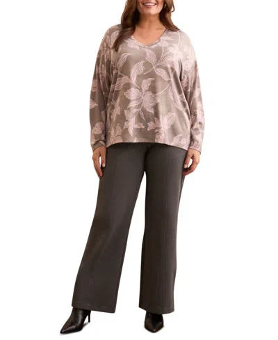 Tribal Plus Size Fuzzy Soft V-neck Combo Print Knit Top In Green