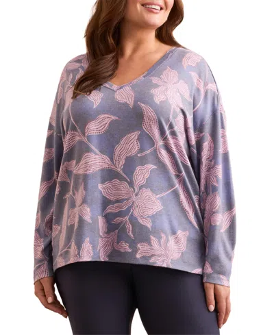 Tribal Plus Size Fuzzy Soft V-neck Combo Print Knit Top In Blue