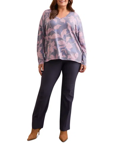 Tribal Plus Size Fuzzy Soft V-neck Combo Print Knit Top In Blue