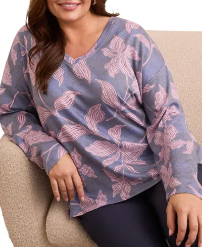 Tribal Plus Size Fuzzy Soft V-neck Combo Print Knit Top In Blue