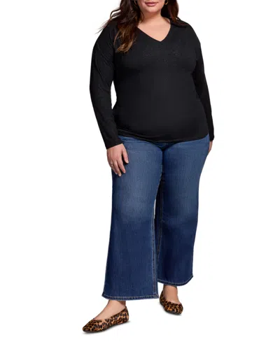 Tribal Plus Size Soft Shine Effect V-neck Drop Shoulder Top In Black