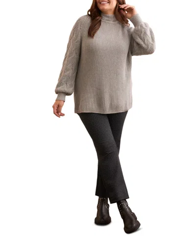 Tribal Plus Size Cable Knit Mock Neck Sweater In Gray