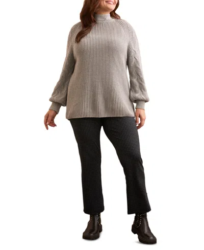 Tribal Plus Size Cable Knit Mock Neck Sweater In Gray
