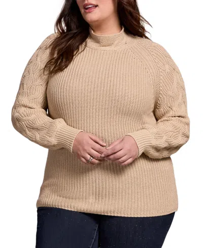 Tribal Plus Size Cable Knit Mock Neck Sweater In Brown