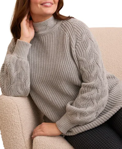 Tribal Plus Size Cable Knit Mock Neck Sweater In Gray
