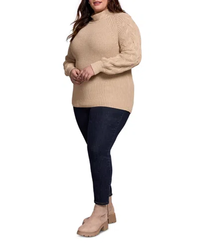 Tribal Plus Size Cable Knit Mock Neck Sweater In Brown