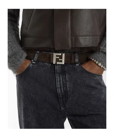 Fendi Men Squared Ff Suede Belt In Brown