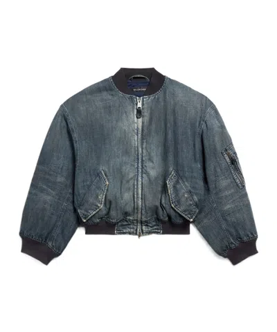 Balenciaga Denim Bomber Jacket In Blue