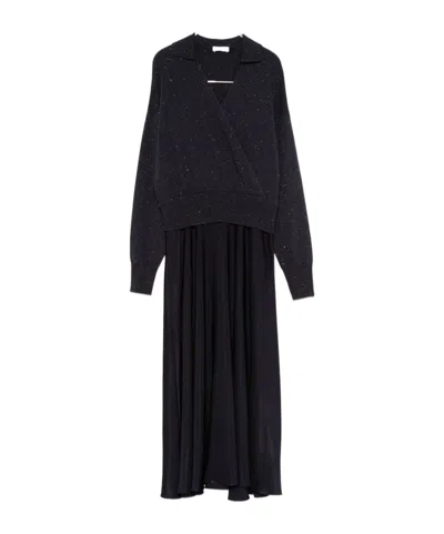 Peserico Midi Dress With Inserts In Black