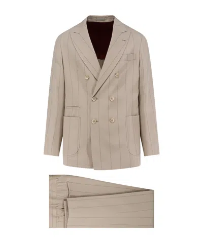Brunello Cucinelli Men Silk Suit With Pinstripe Motif In Neutral