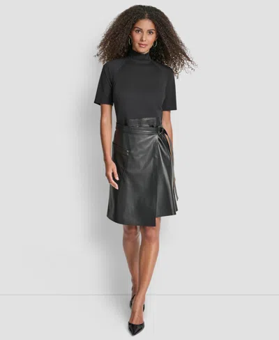 Dkny Women's Short Sleeve Mock Neck Fit & Flare Dress In Black