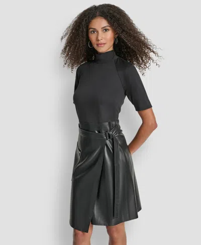 Dkny Women's Short Sleeve Mock Neck Fit & Flare Dress In Black