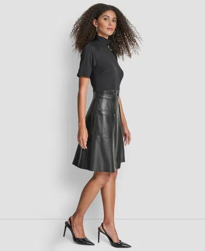 Dkny Women's Short Sleeve Mock Neck Fit & Flare Dress In Black