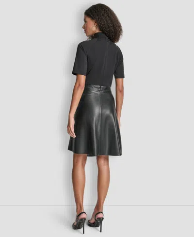 Dkny Women's Short Sleeve Mock Neck Fit & Flare Dress In Black