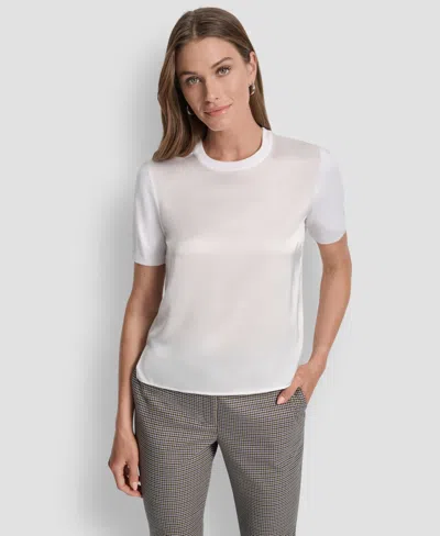 Dkny Petite Mixed Media Short Sleeve Top In White