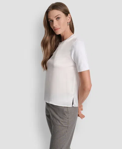 Dkny Petite Mixed Media Short Sleeve Top In White